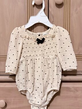 SHEIN Cream Gauze Polka Dot Long-Sleeve Romper with Black Bow detail
